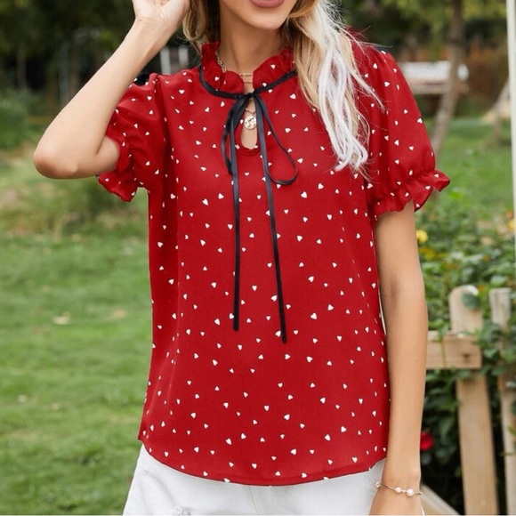 Hearts print tie neck butterfly sleeve blouse - Picture 5 of 5